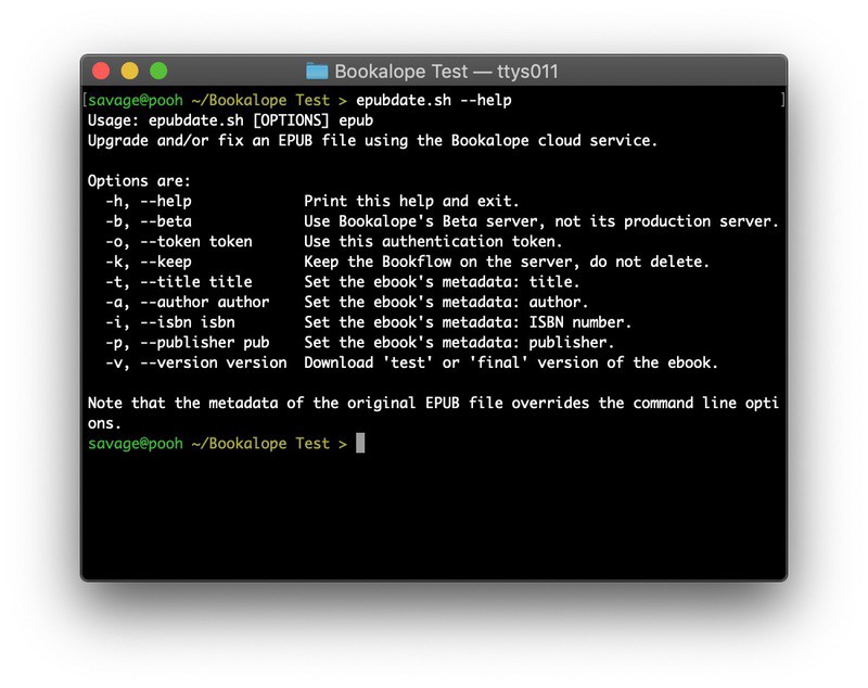 A terminal window showing the result of running the epubdate script with the “help” command-line option.