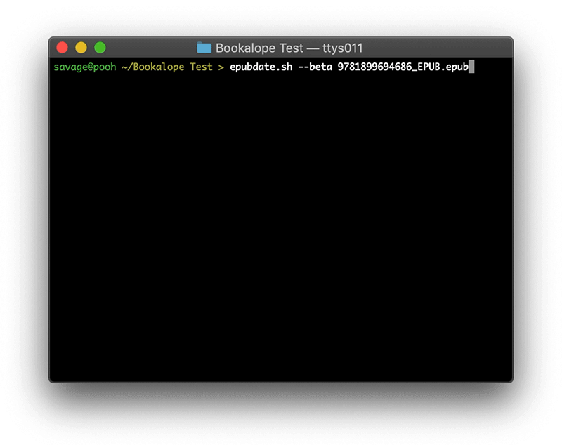 A terminal window running the epubdate shell script to update and fix a broken EPUB file.